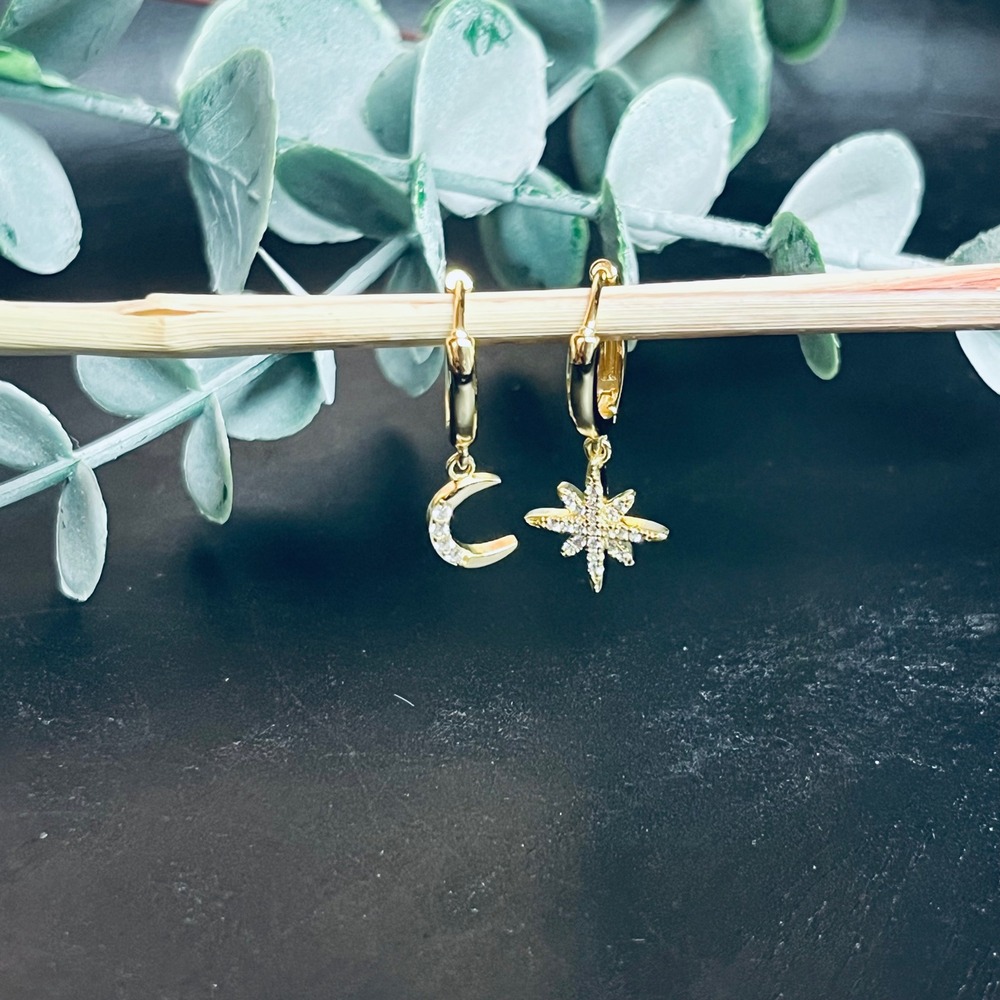 Celestial Star and Moon Huggie Hoop Earrings | 14k‎ Gold Plated | Witchy Boho